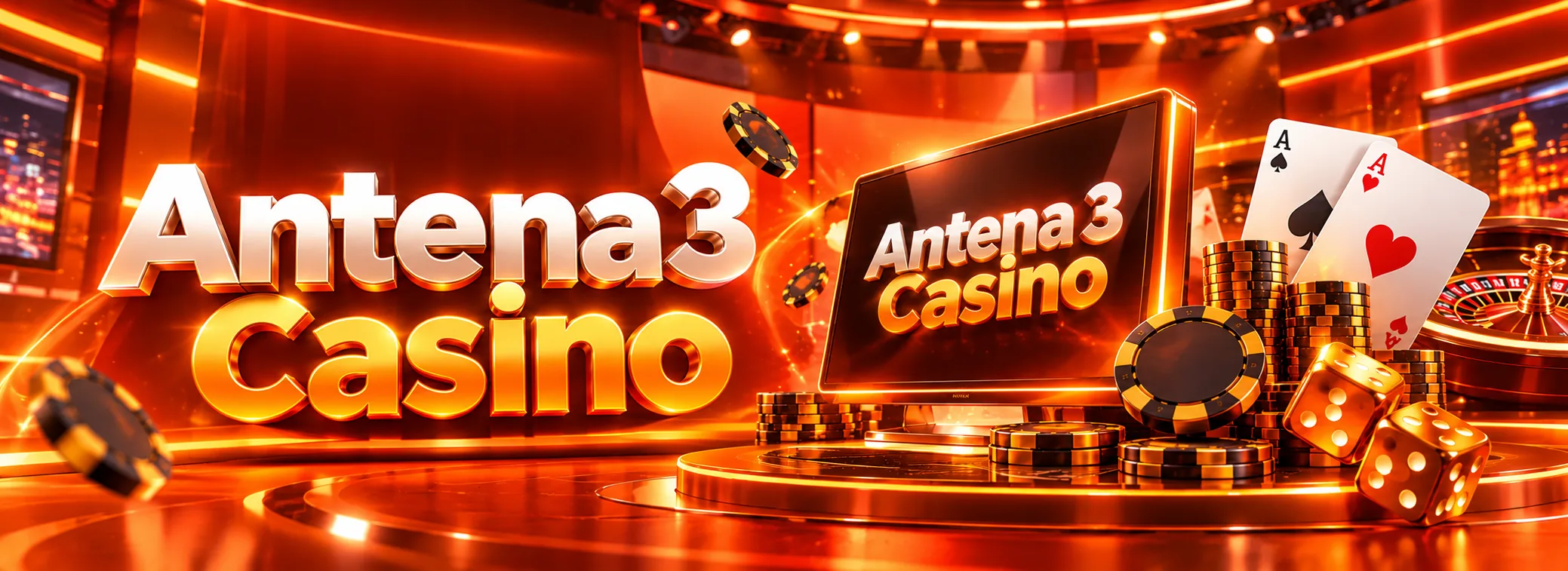 Banner naranja de Antena 3 Casino con el bono de 10.000 € y 500 giros gratis