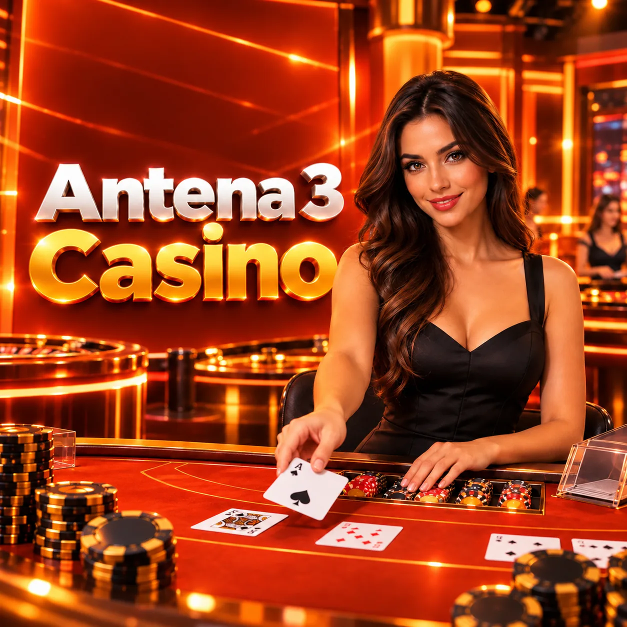 Mesa de ruleta en directo de Antena 3 Casino con fichas doradas